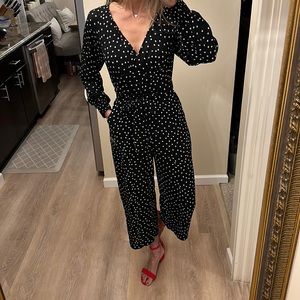 EUC Eliza J black & white polka dot jumpsuit, size 2, v neck